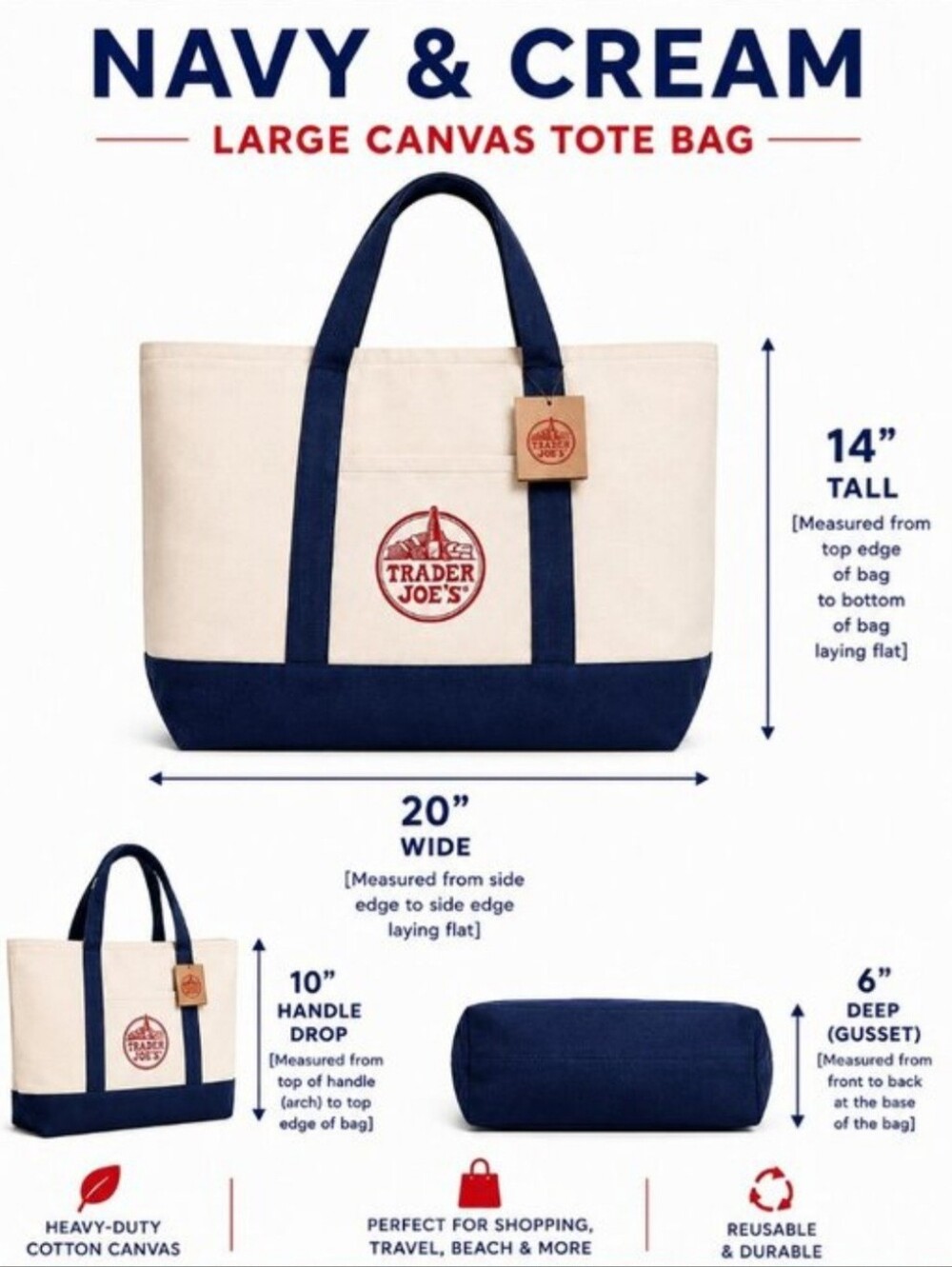 Trader Joe's Large Tote Bag in Cream and Navy ($25 each / 5 for $100)